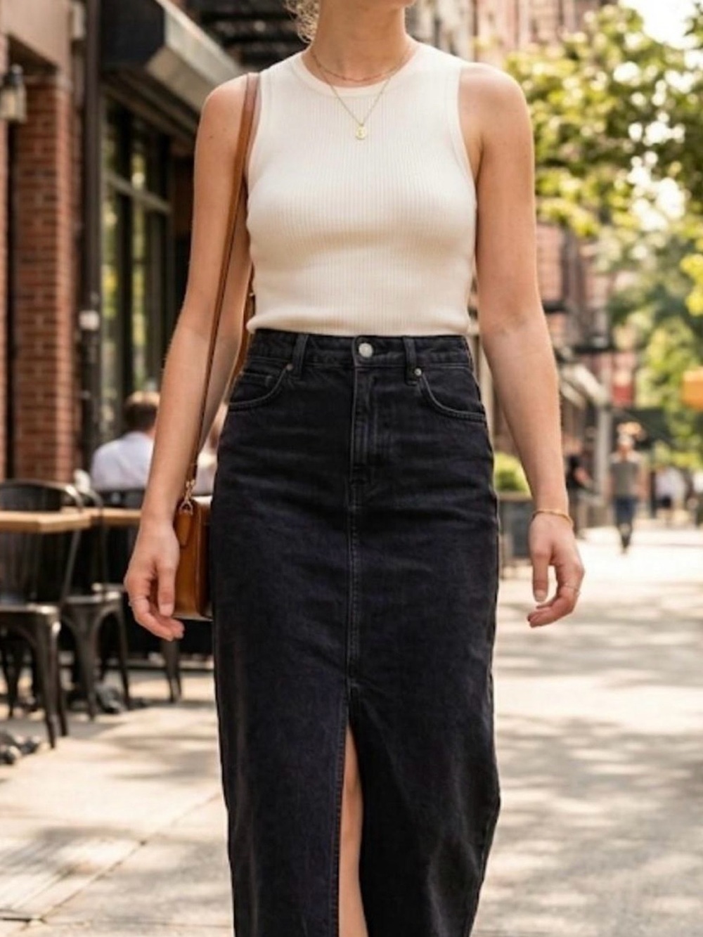 Uniqlo Black Denim Straight Midi Skirt with Snap Closure